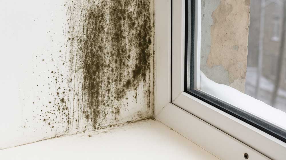 Mold Remediation-A photo highlighting mold growing along the corner of a white wall next to a double-glazed window, with black and dark green spots spreading up the corner