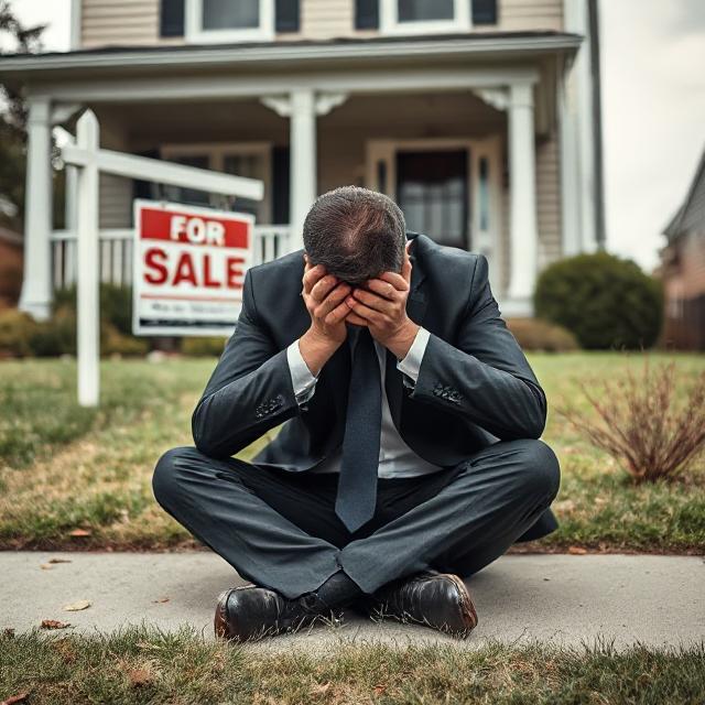 a man in a suit sitting on the ground in front of a house with a "For Sale" sign. He has his face buried in his hands, conveying distress or despair from derailed home sale