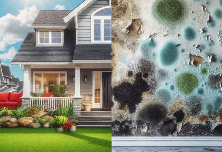 A split-screen image showing the contrast between a clean, well-maintained suburban house exterior and a mold-damaged interior wall