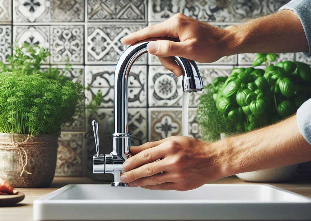 Person tightening faucet components after installing new washer