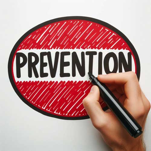 a hand writing the word "Prevention" in black marker within a red oval