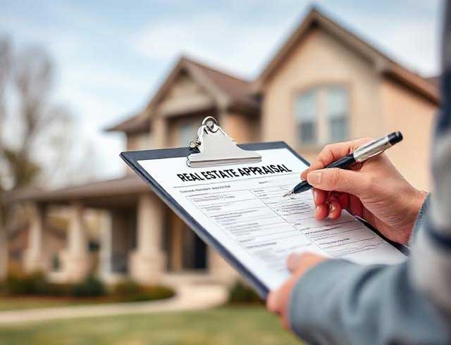 a person filling a Real estate appraisal form on a clipboard, a house at the background
