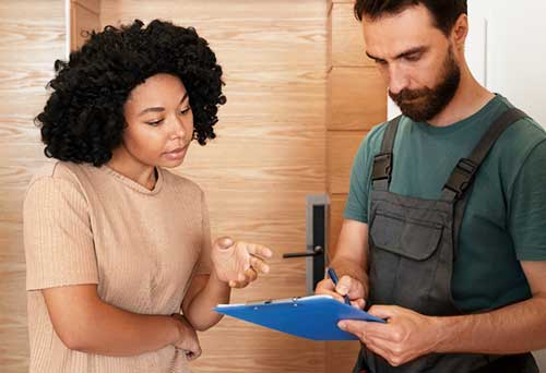 A lady home buyer going over mold home inspection results with a professional