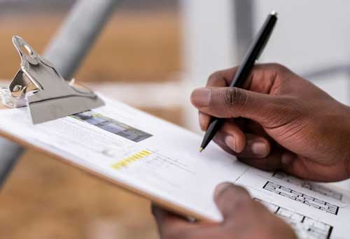 A hand filling out a home appraisal on a clip board