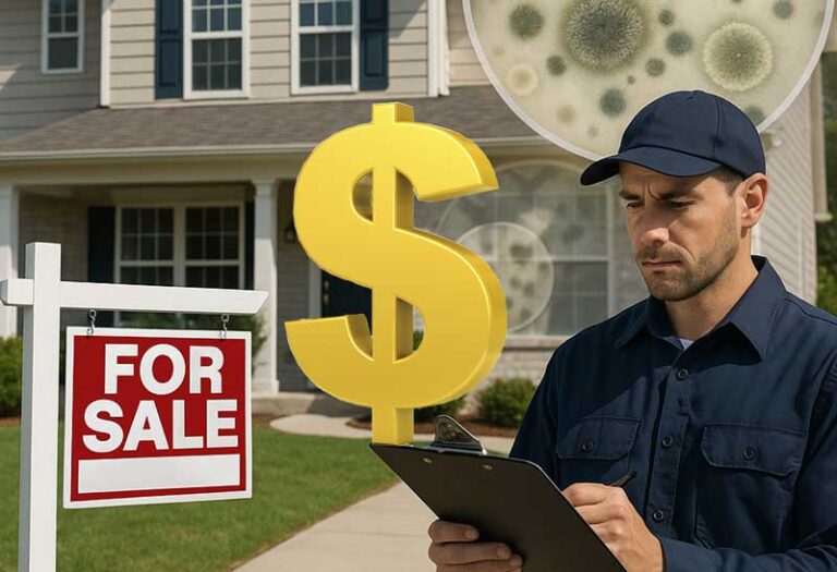 a mold inspection professional holding a clip board in front of a house on sale
