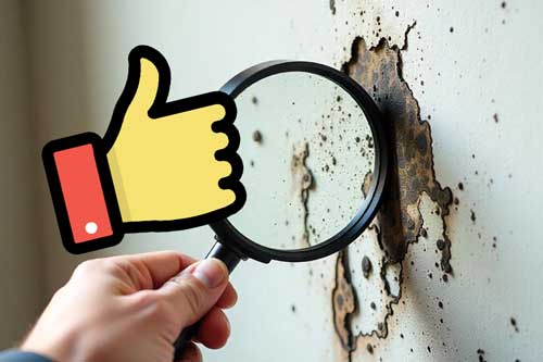 a mold inspection with hand lens with a thumbs up icon to communicate seller control