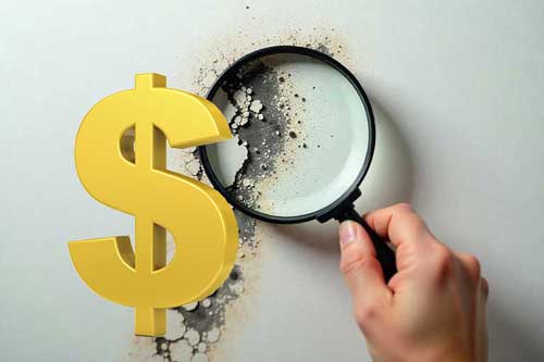 a lens inspecting mold on a wall and a dollar sign to communicate cost