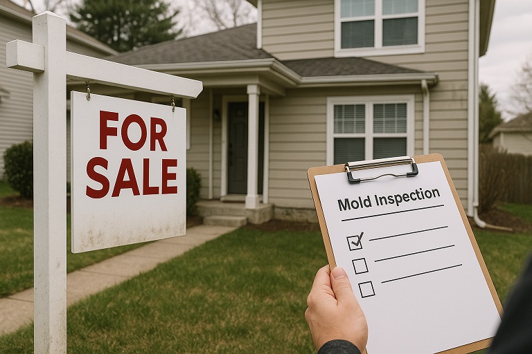 A photograph of a two-story suburban house with beige siding and white trim, featuring a “For Sale” sign in the front yard that shows slight dirt or water stains at the bottom. In the foreground, a person holds a clipboard with a checklist titled “Mold Inspection,” with one checkbox marked. Faint mold spots are visible on the lower siding and near the basement window, under an overcast sky.